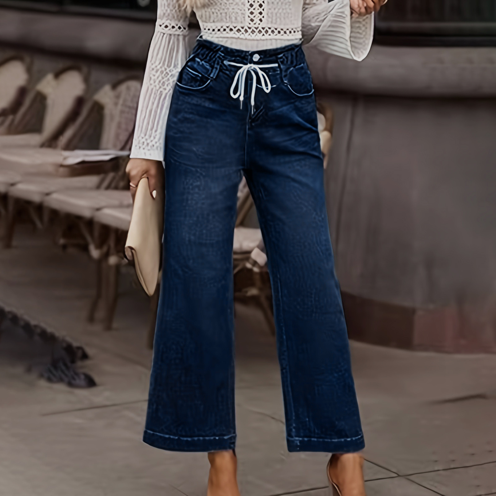 Jacenvly New Jeans for Women Plus Size Long Pants Casual Solid Elastic Waisted Wide Leg Pants for Women High Waist Comfort Fit Elastic Waisted Pocket Tie Front Blue XXL
